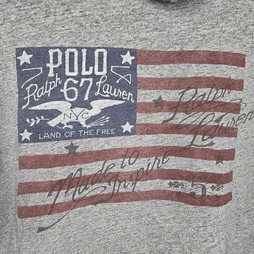 Ralph Lauren Mens Grey 1967 Polo Flag Cotton Hoodie Pullover Sweatshirt SZ L USA